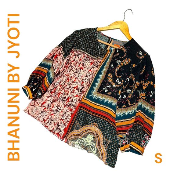 Bhanuni By Jyoti Tops - ANTHROPOLOGIE WOMENS BOHO BLOUSE SMALL MULTICOLOR BEADED SEQUIN FLORAL PRINT